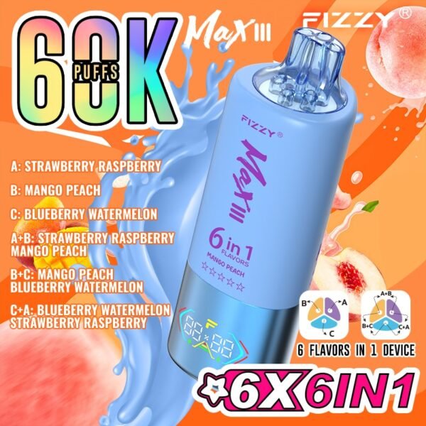 Fizzy Max III vape, 60K puffs, multiple flavors.