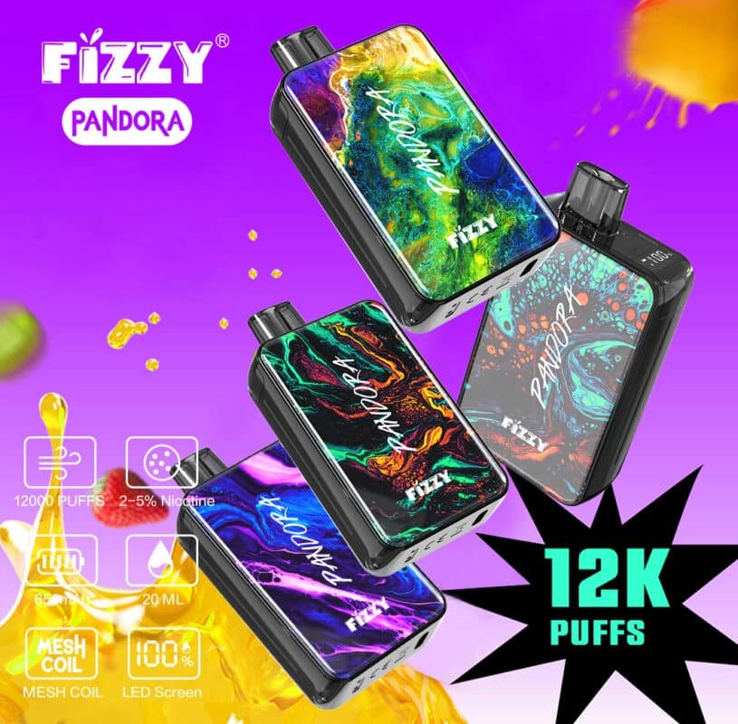 Colorful Fizzy Pandora vape with 12K puffs.