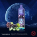 Vape with grapes and cucumber against space background.