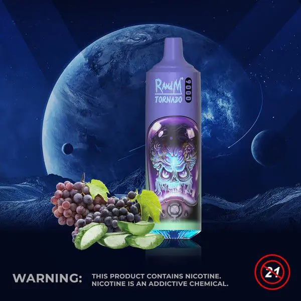 Vape with grapes and cucumber against space background.