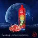 Red vape pen with alien design, warning included.