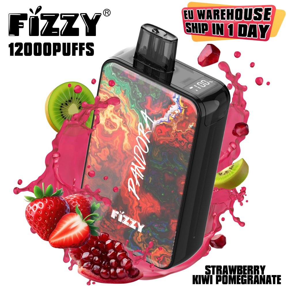 28 Fizzy vape with strawberry, kiwi, pomegranate flavors.