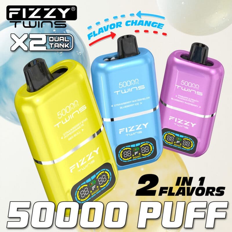 Fizzy Twins vape, dual tank, flavor change, 50000 puff.