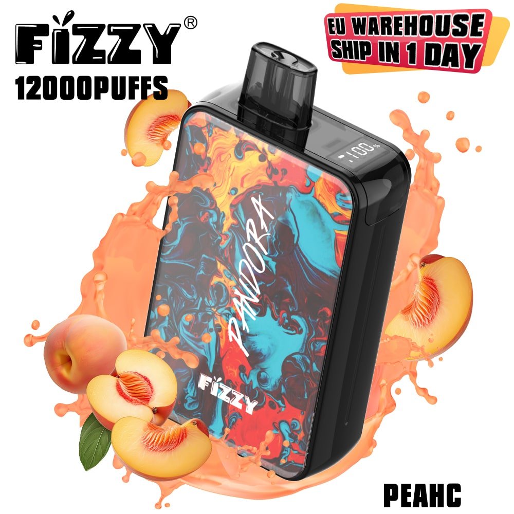 34 Fizzy vape 12000 puffs, peach flavor, colorful design.