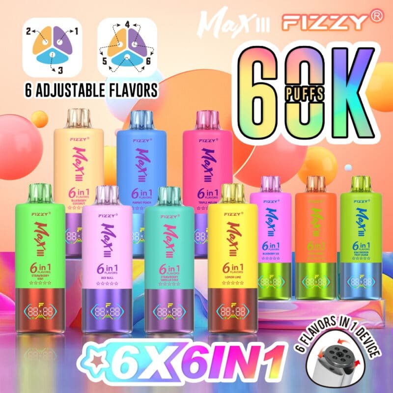 Fizzy Max III 6x6in1 disposable vape flavors.