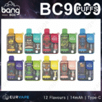 BC9000 vape flavors: colorful packaging, 12 options shown.