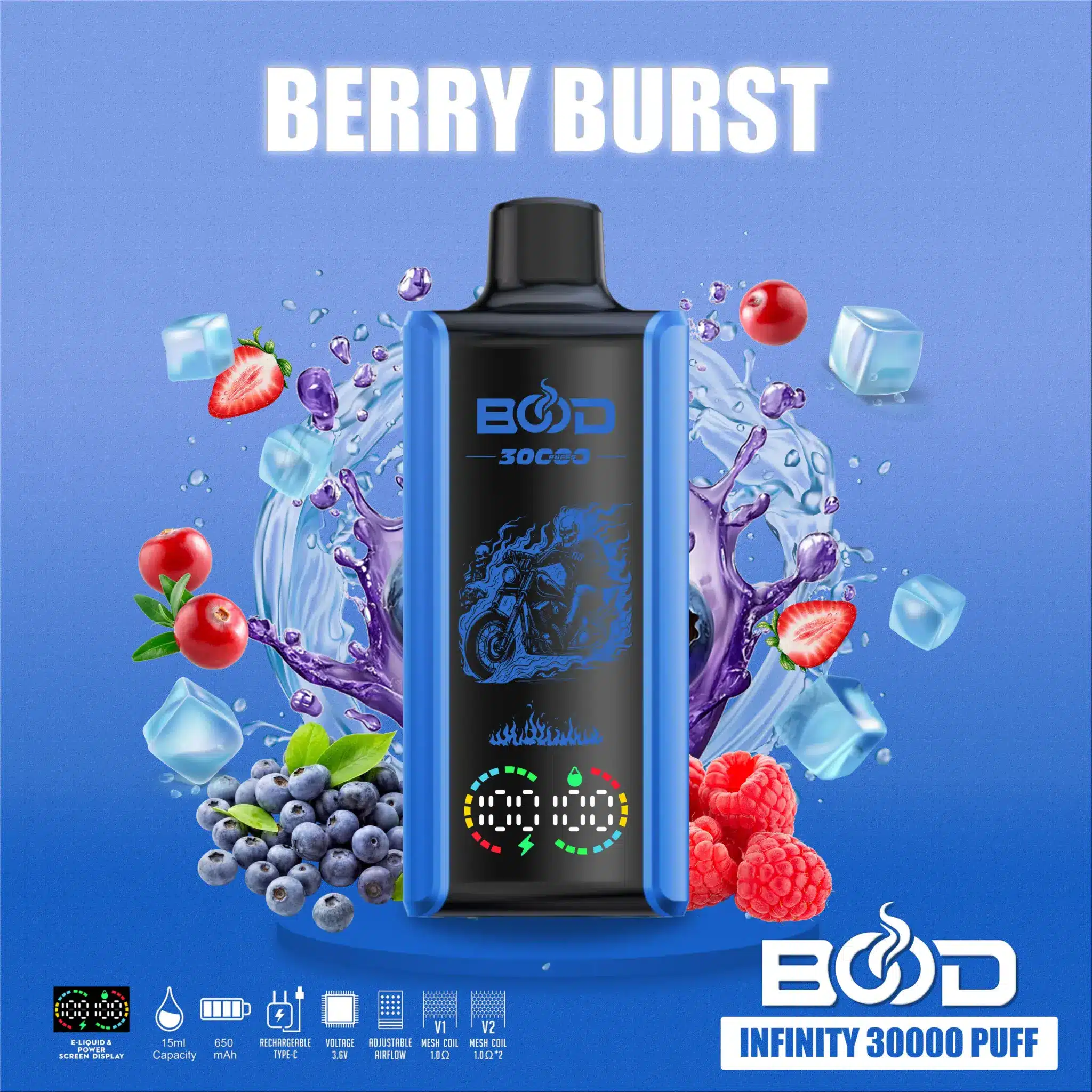 BOOD-INFINITY-30000-PUFF-BERRY-BURST-2048x2048 Berry Burst flavored vape with fruit and ice.