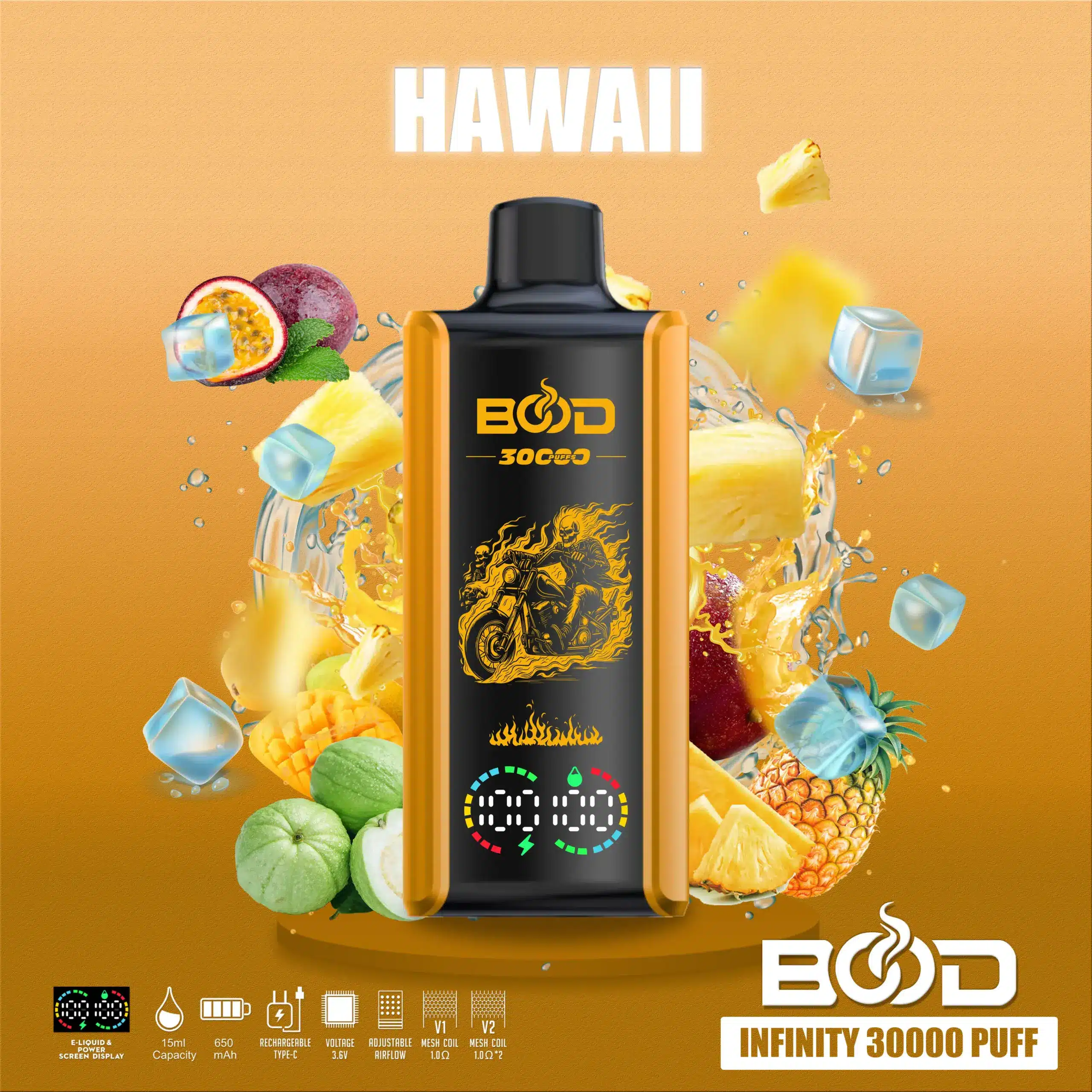 BOOD-INFINITY-30000-PUFF-HAWAII-scaled Vape juice flavor with tropical fruits and ice.