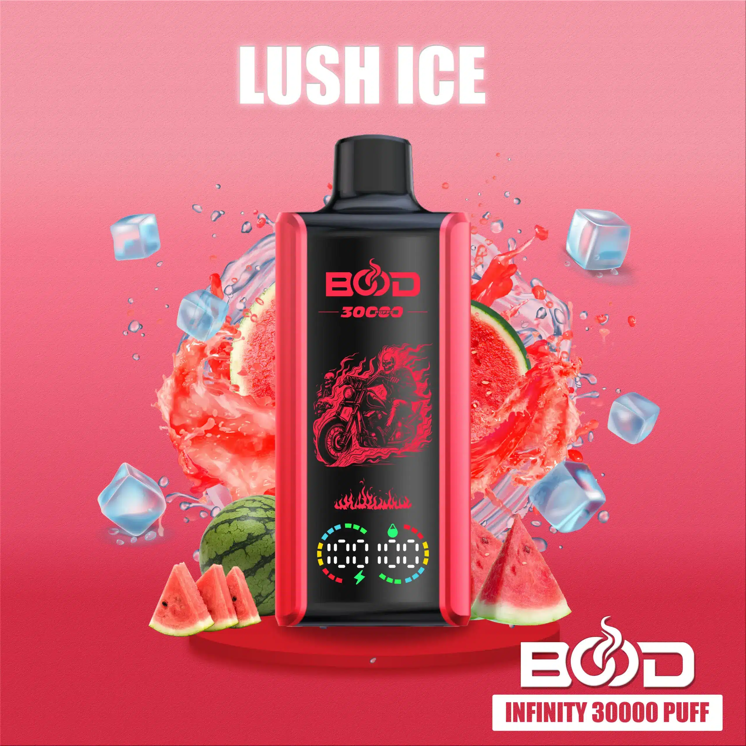 BOOD-INFINITY-30000-PUFF-LUSH-ICE-scaled Lush Ice vape with watermelon and ice cubes design.
