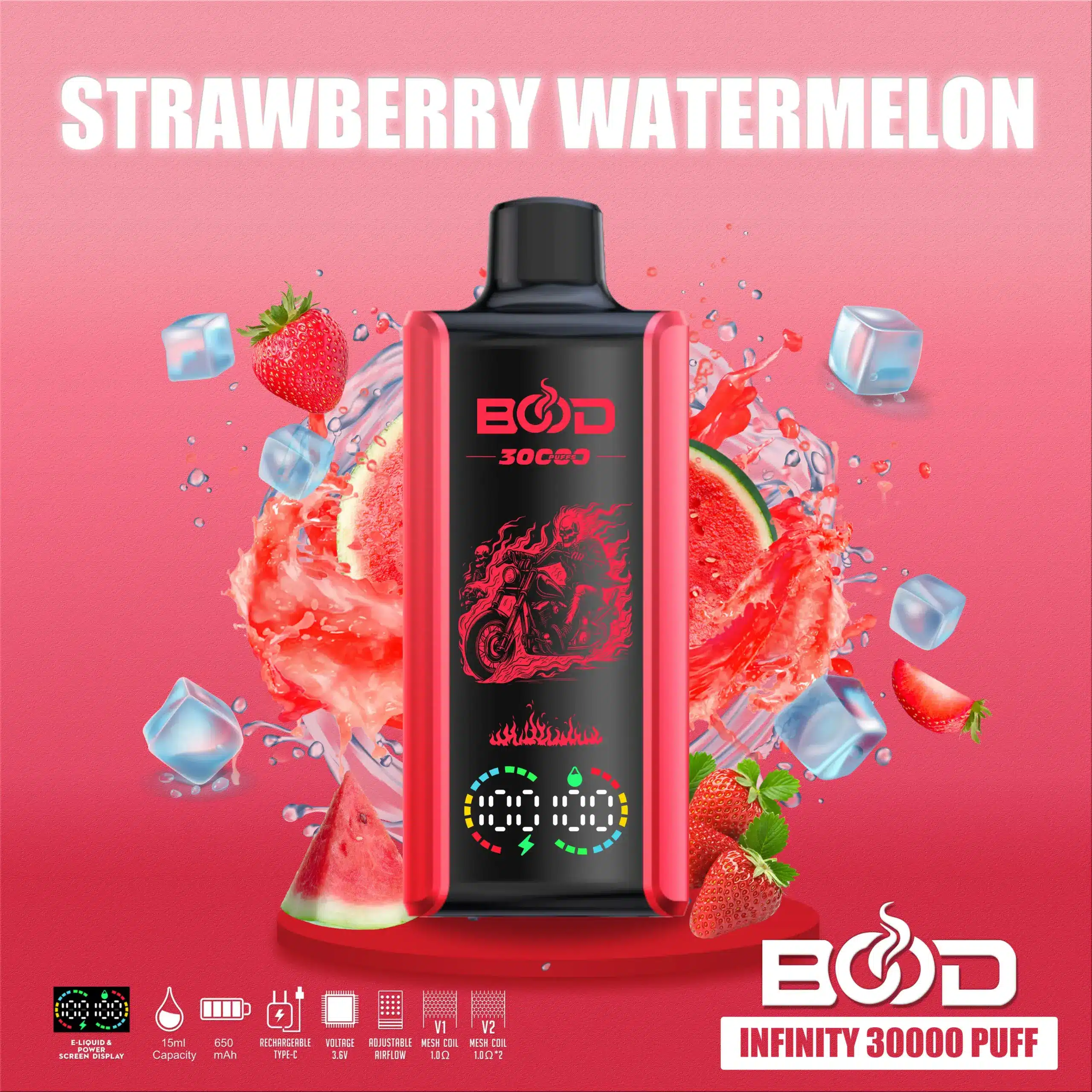 BOOD-INFINITY-30000-PUFF-STRAWBERRY-WATERMELON-scaled Strawberry Watermelon vape, 30000 puffs, 15ml capacity.