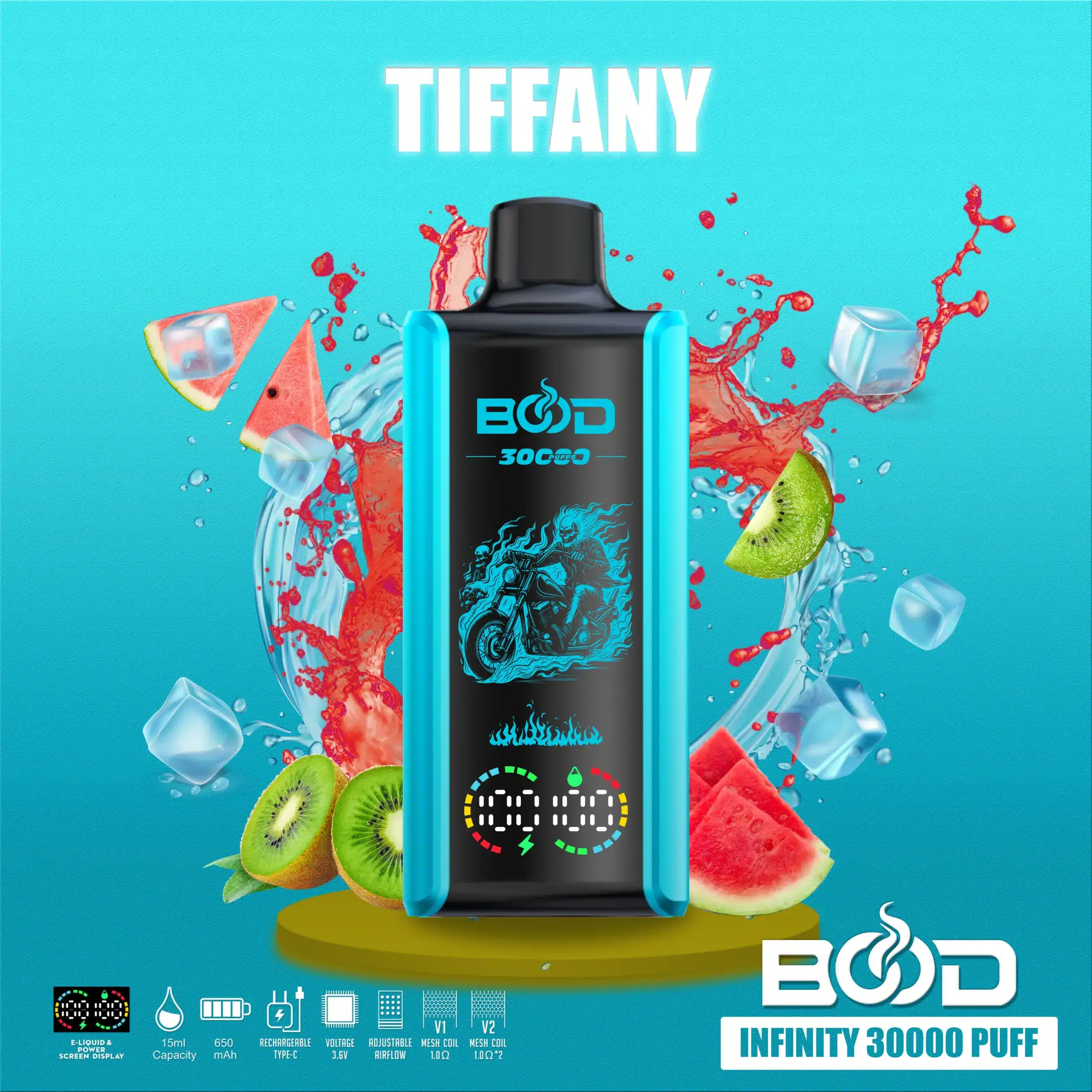 BOOD-INFINITY-30000-PUFF-TIFFANY-scaled BOD vape with fruit and ice splash backdrop.