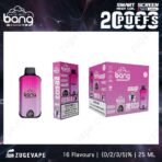 Bang vape pink packaging, 16 flavors, nicotine warning.