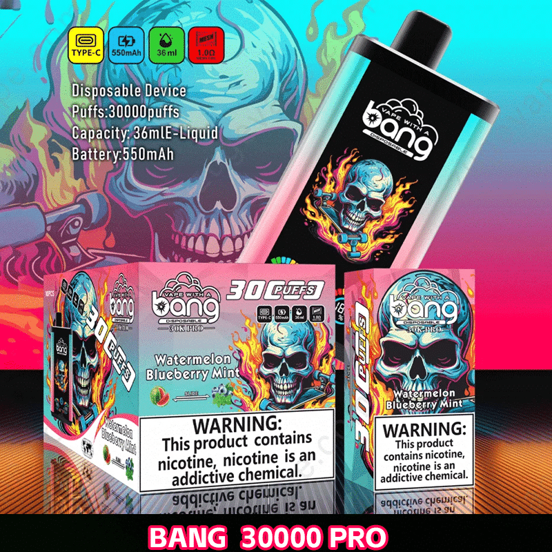 Bang 30000 PRO Bang 30000 Pro vape, watermelon blueberry mint flavor.