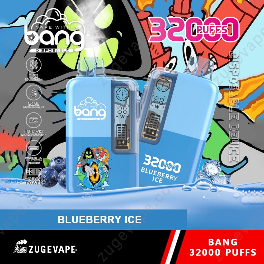 Bang-32000-Puffs-Blueberry-Ice.jpg Bang Blueberry Ice vape, 32000 puffs, colorful graphics.
