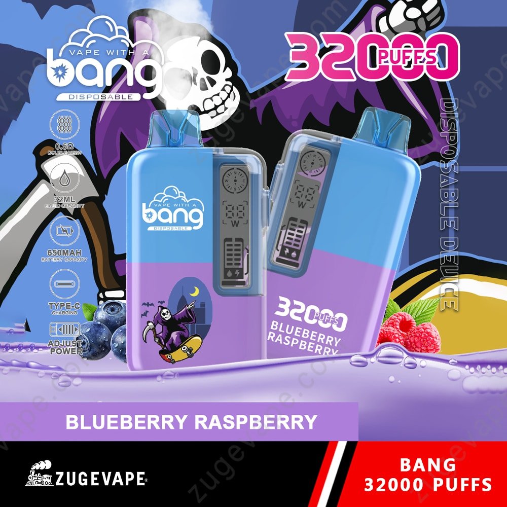 Bang-32000-Puffs-Blueberry-Raspberry.jpg Blueberry Raspberry disposable vape, 32000 puffs.