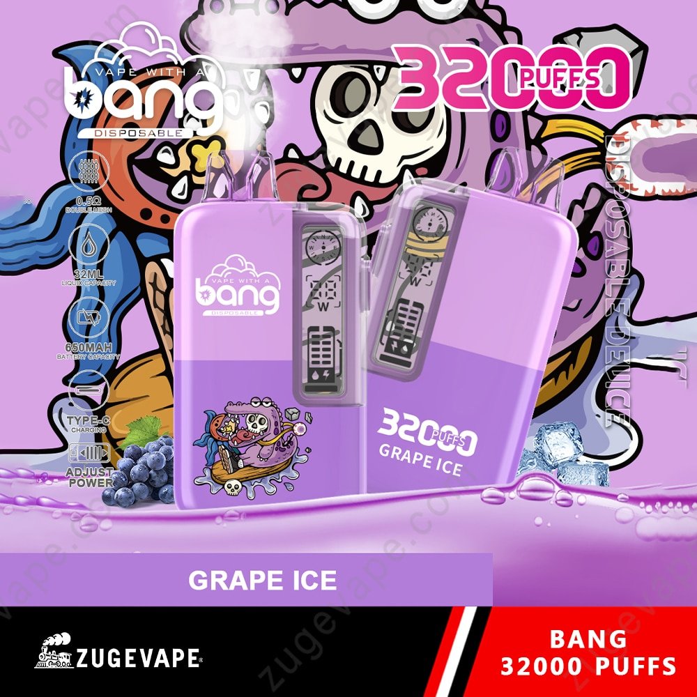 Bang-32000-Puffs-Grape-Ice.jpg Bang Grape Ice vape, 32000 puffs, purple design.