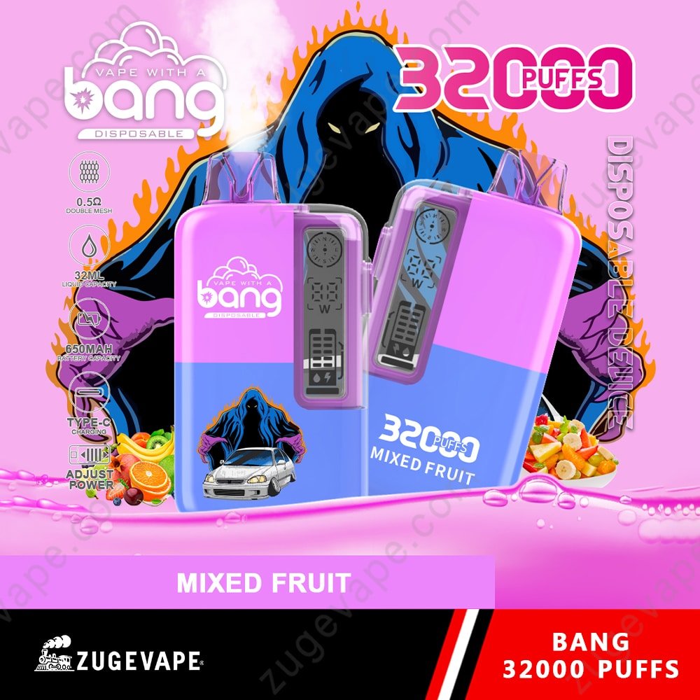 Bang-32000-Puffs-Blandad-Frukt.jpg Disposable vape with 32000 puffs, mixed fruit flavor.