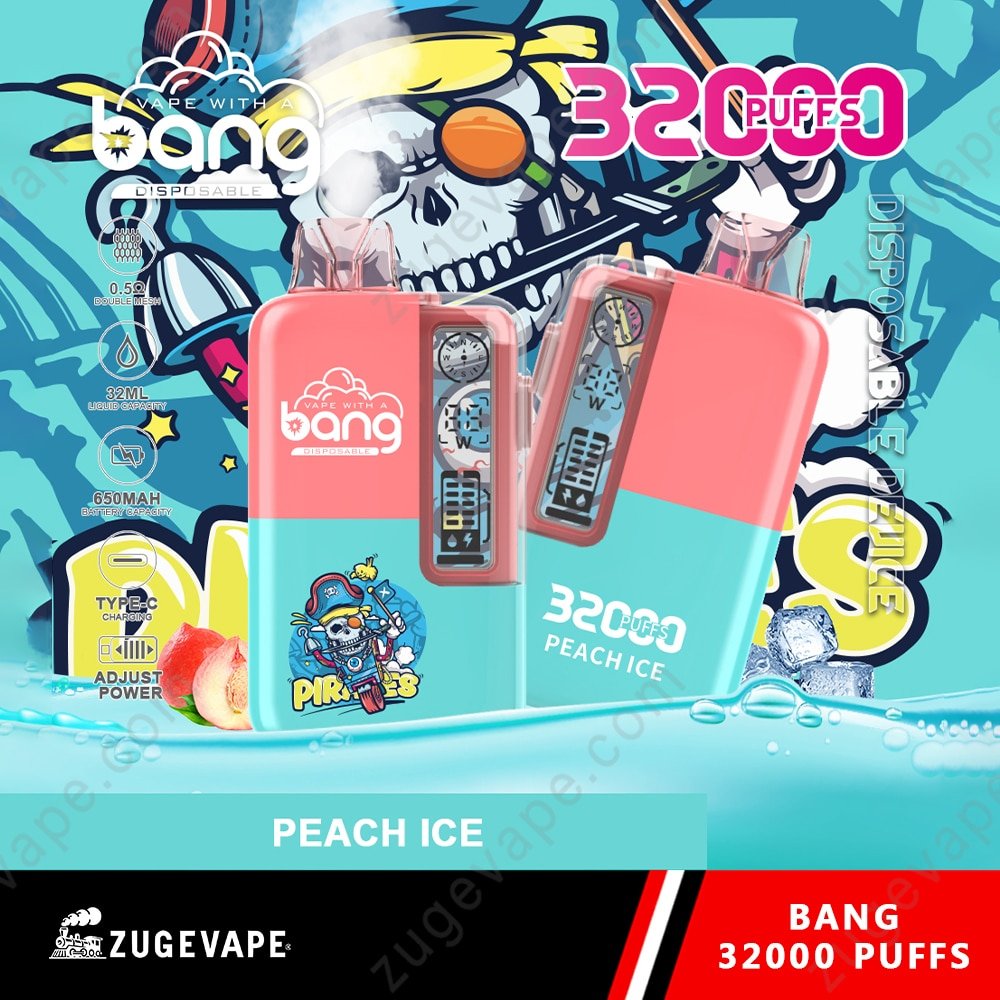 Bang-32000-Puffs-Peach-Ice.jpg Colorful vape product with Peach Ice flavor.