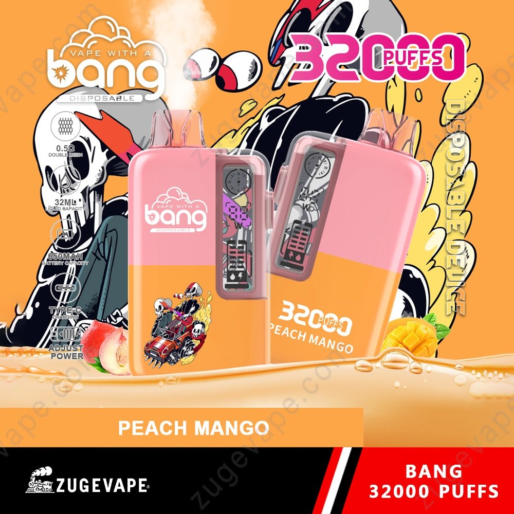 Bang-32000-Puffs-Peksika-Mango.jpg Peach mango vape, colorful design, 32000 puffs, disposable.