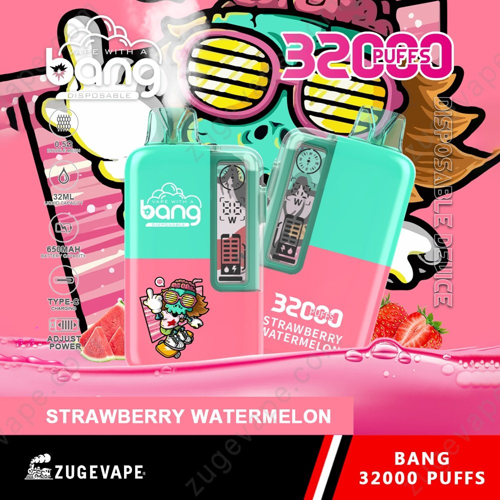 Bang-32000-Puffs-Strawberry-Watermelon.jpg Bang disposable vape, strawberry watermelon flavor, 32000 puffs.