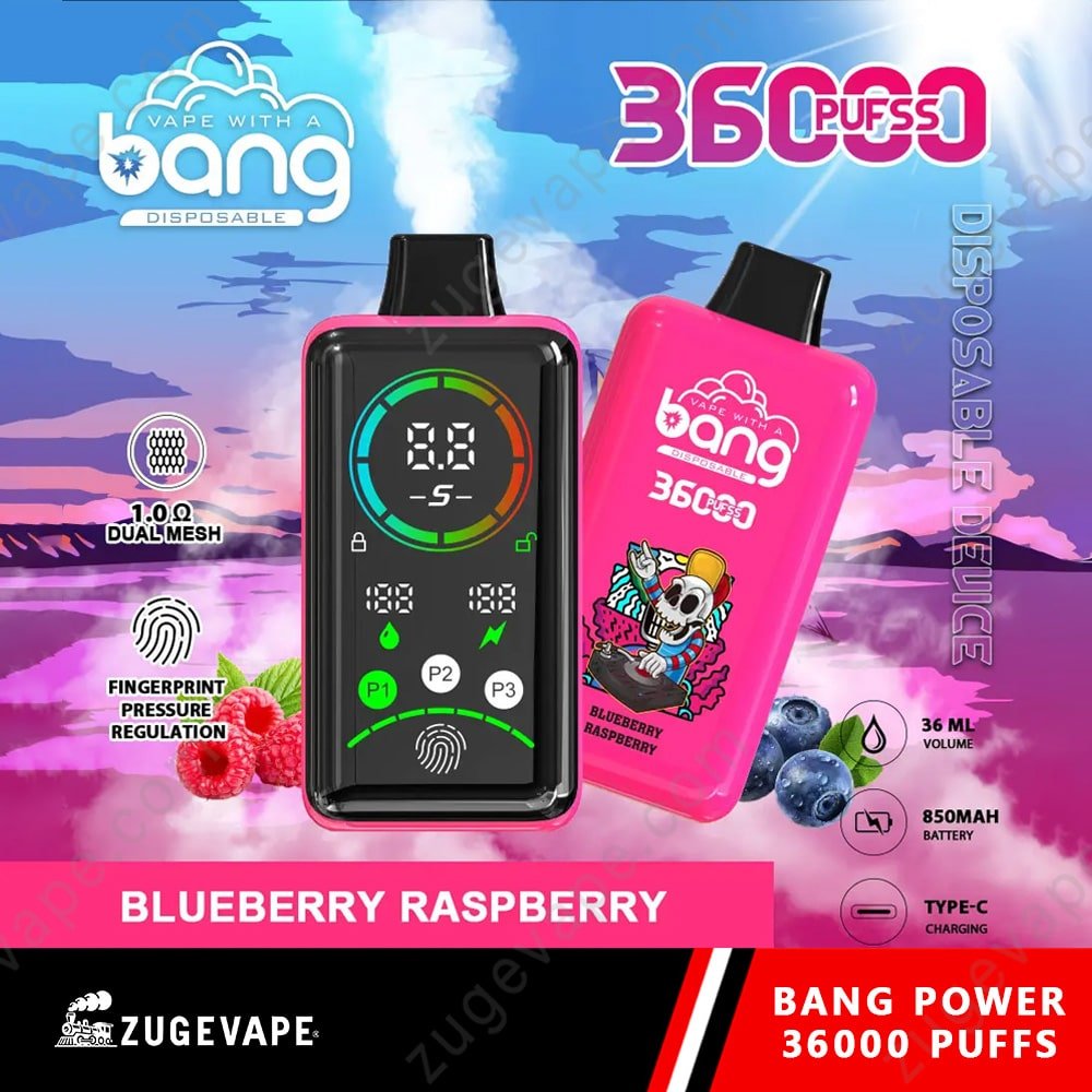 Bang-36000-Puffs-Power-Blueberry-Raspberry.jpg Blueberry Raspberry Vape 36000 puffs, futuristic design.