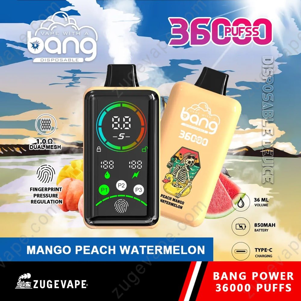 Bang-36000-Puffs-Power-Peach-Mango-Watermelon.jpg Bang disposable vape, mango peach watermelon flavor.