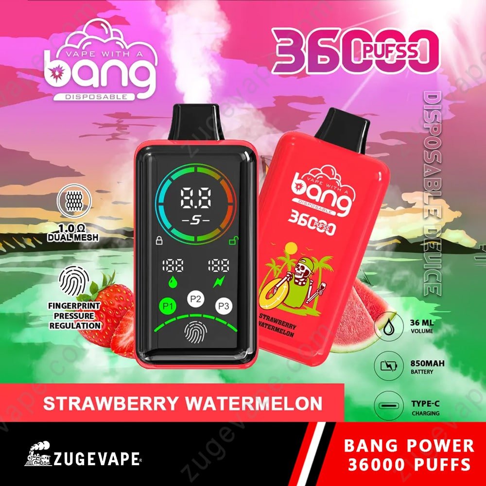 Bang-36000-Puffs-Power-Strawberry-Watermelon.jpg Strawberry watermelon vape, 36000 puffs, colorful design.