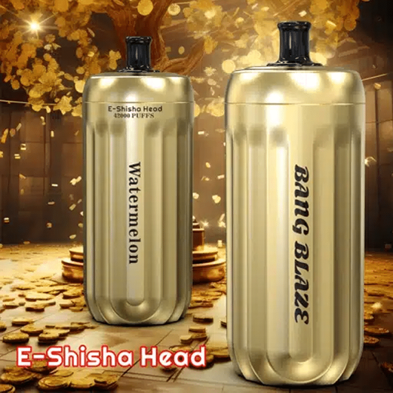 Bang Blaze 42000 Puffs-1 Gold e-shisha heads in an ornate setting.