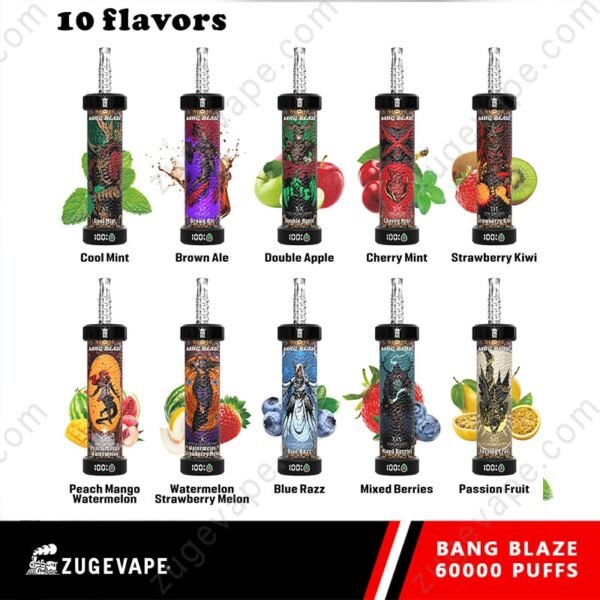Ten vape flavors including Cool Mint and Mixed Berries.