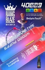 Bang Blaze Shisha vape, 40000 puffs, blueberry raspberry flavor.