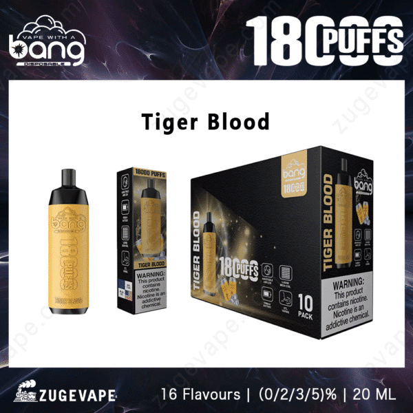 Bang disposable vape, tiger blood flavor, 18000 puffs.