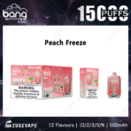 Peach Freeze vape, 1500 puffs, nicotine warning included.