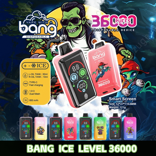 Bang disposable vape, 36000 puffs, digital screen.