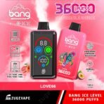 Bang Ice disposable vape, 36000 puffs, features listed.