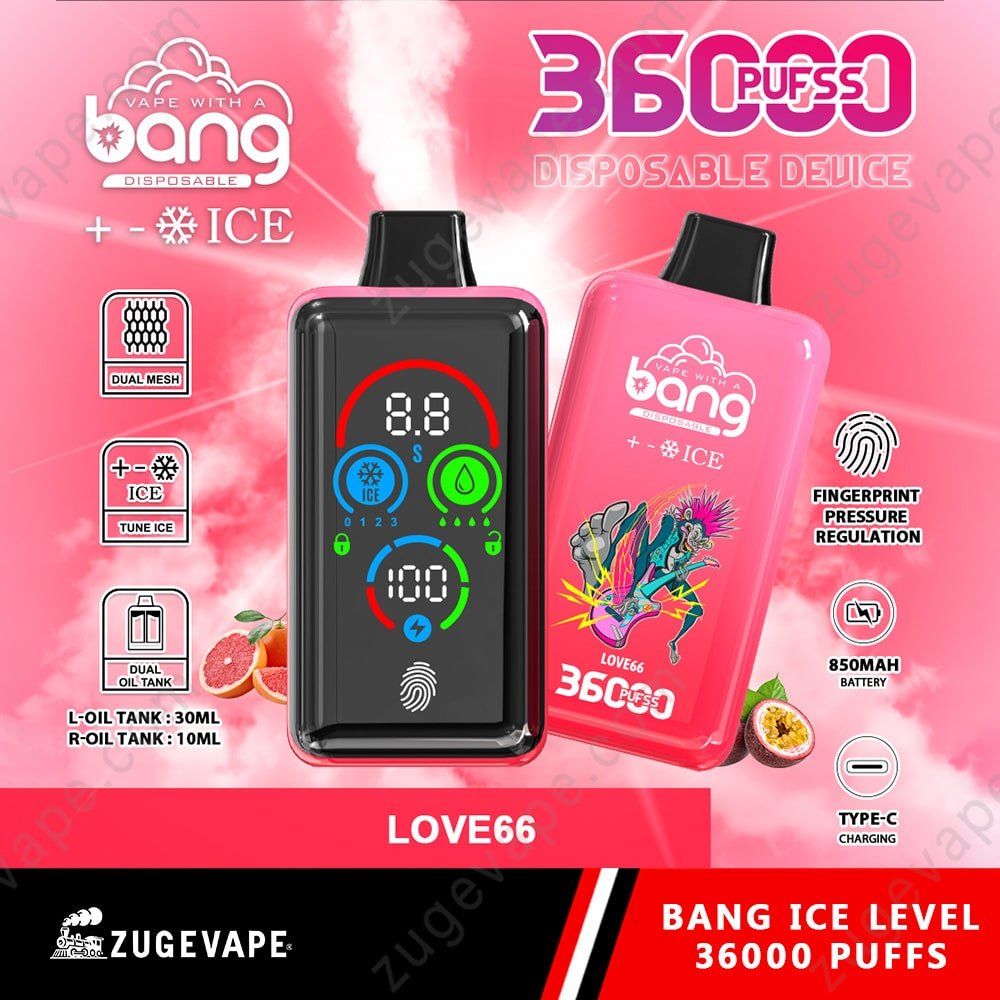 Bang-Ice-Level-36000-Puffs-Love66.jpg Bang Ice disposable vape, 36000 puffs, features listed.