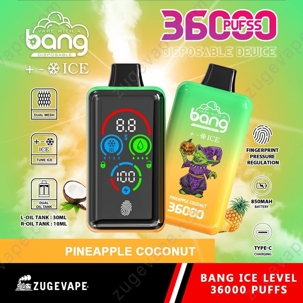 Bang-Ice-Level-36000-Puffs-Pineapple-Coconut.jpg Bang Ice vape, pineapple coconut flavor, 36000 puffs.