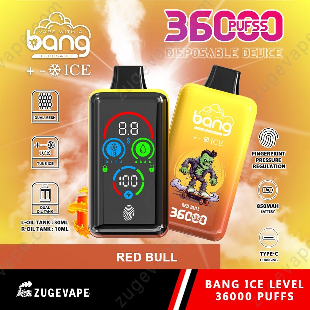 Bang-Ice-Level-36000-Puffs-Red-Bull-.jpg Bang disposable vape device, Red Bull flavor, 36000 puffs.