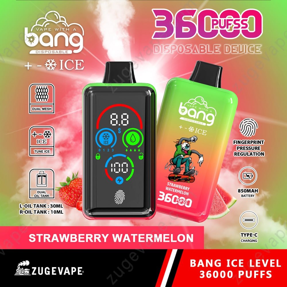 Bang-Ice-Level-36000-Puffs-Strawberry-Watermelon.jpg Bang disposable vape, strawberry watermelon flavor, 36000 puffs