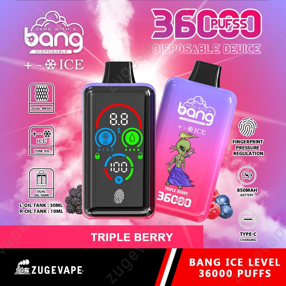 Bang-Ice-Level-36000-Puffs-Triple-Berry.jpg Bang disposable vape, 36000 puffs, triple berry flavor.