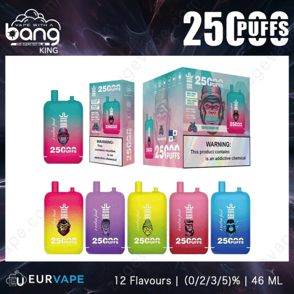 Bang King vape packaging with various colorful designs.