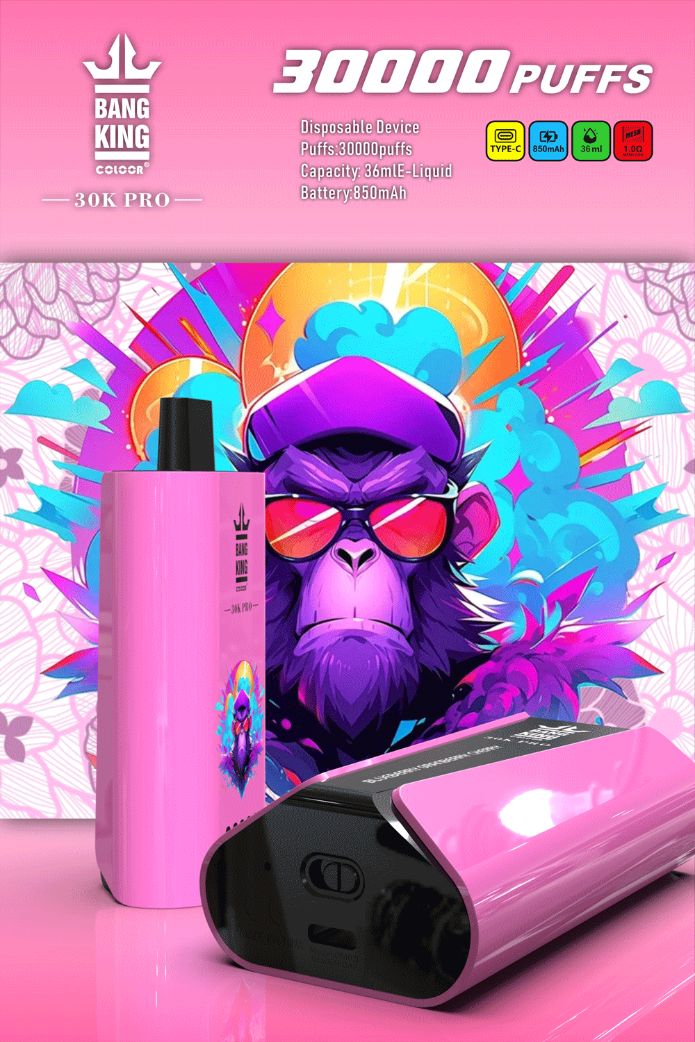 Bang-King-30000Puffs-Pro-Blueberry-Granberry-Cherry.png Pink vape device, 30000 puffs, colorful gorilla art.
