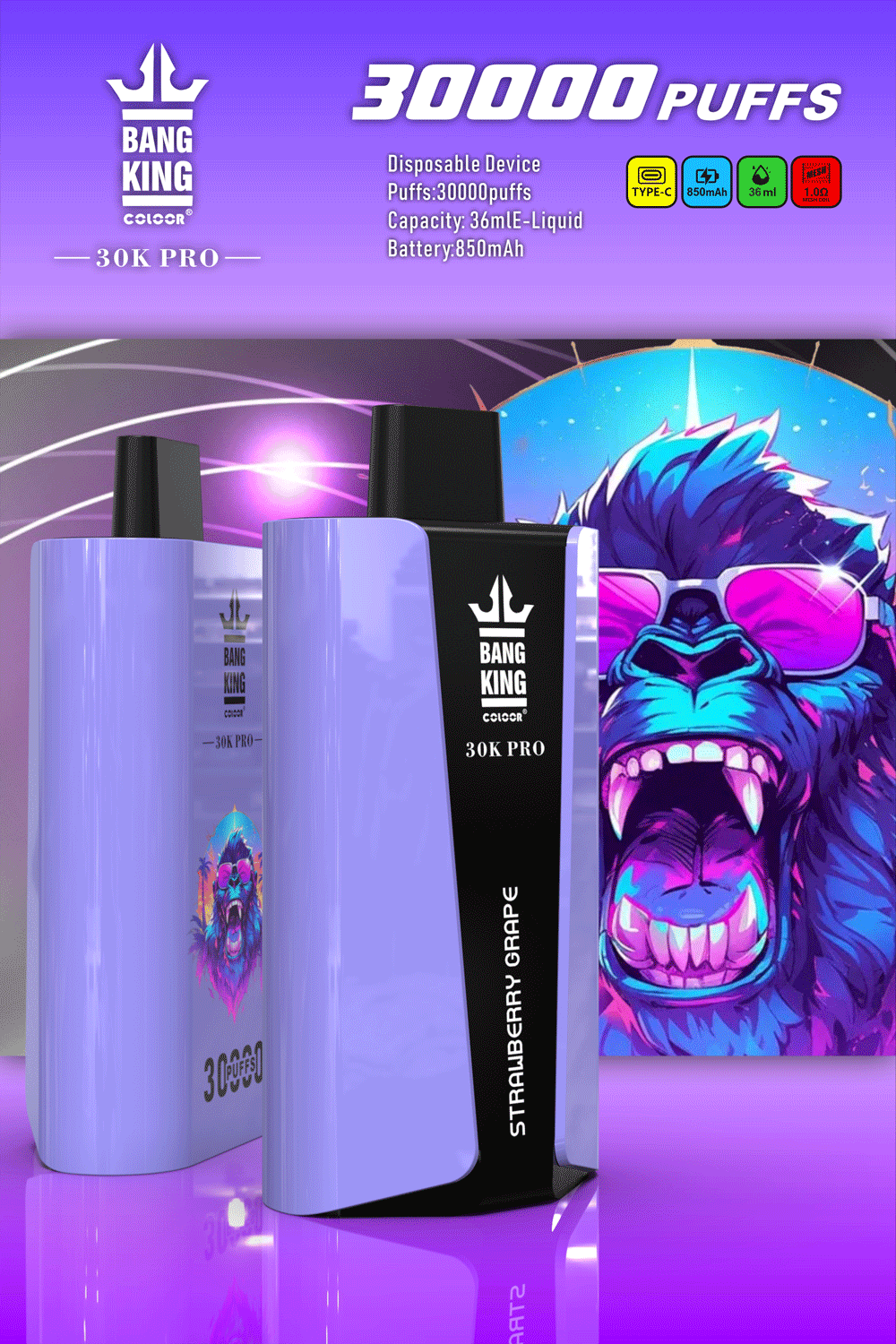 Bang-King-30000Puffs-Pro-Srtawberry-Grape.png Bang King 30K Pro disposable vape, 30000 puffs.