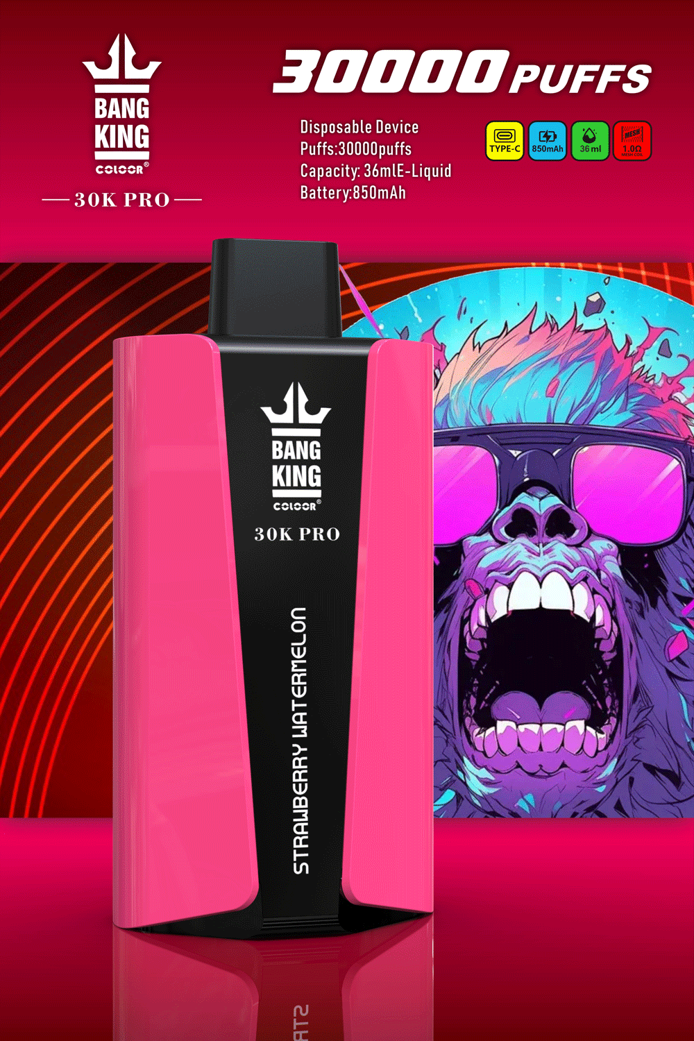 Bang-King-30000Puffs-Pro-Strawberry-Watermelon.png Disposable vape device, 30000 puffs, strawberry watermelon flavor.