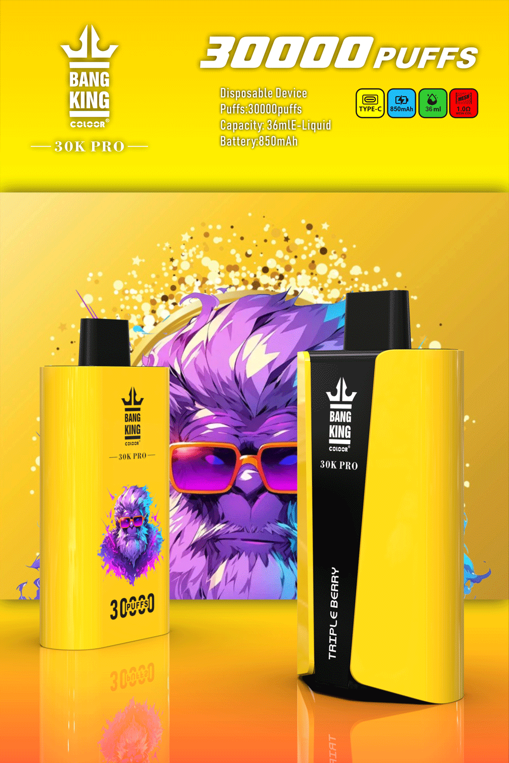 Bang-King-30000Puffs-Pro-Triple-Berry.png Bang King 30K Pro disposable vape, 30,000 puffs.
