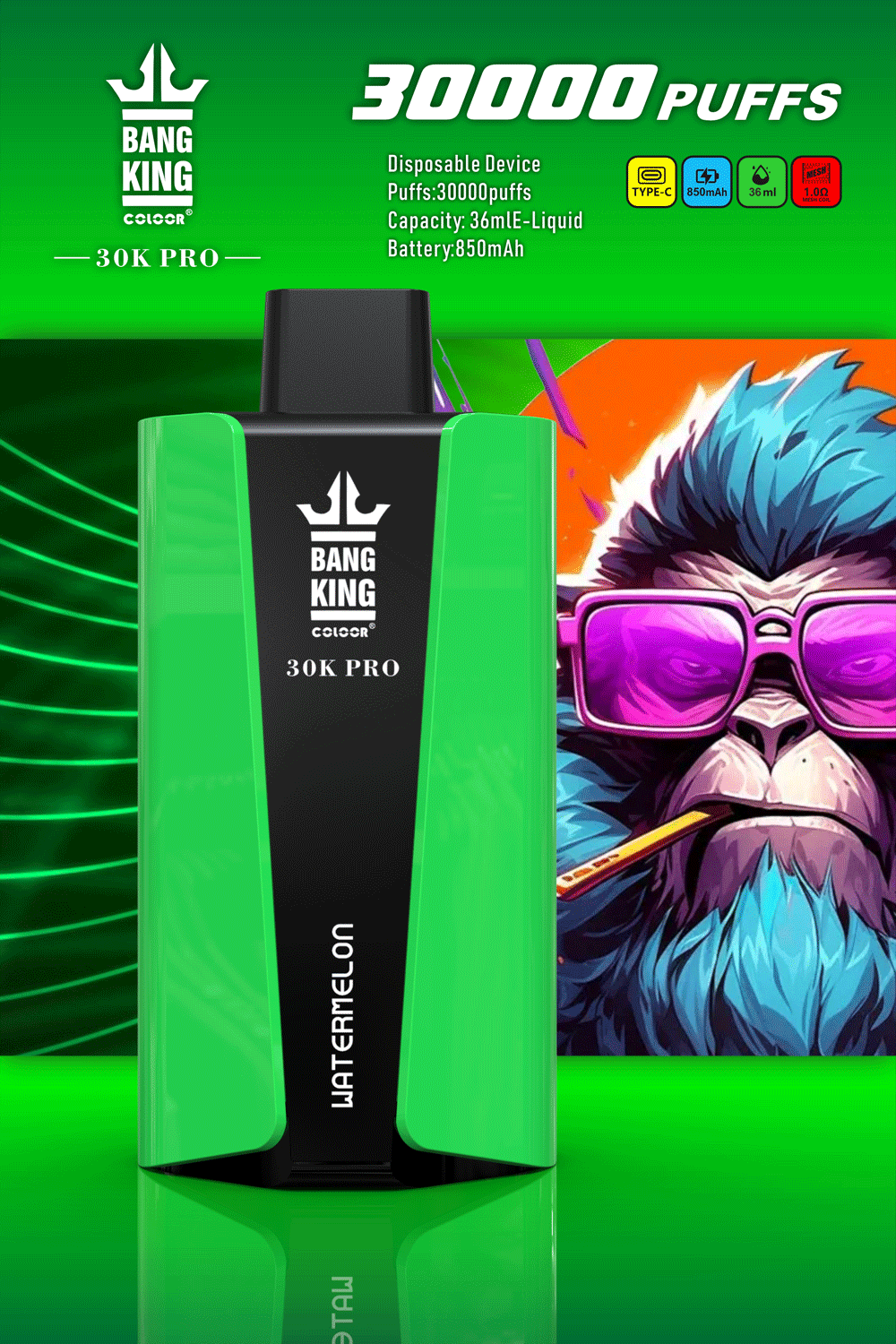 Bang-King-30000Puffs-Pro-Watermelon.png Green disposable vape device, 30000 puffs, 850mAh battery