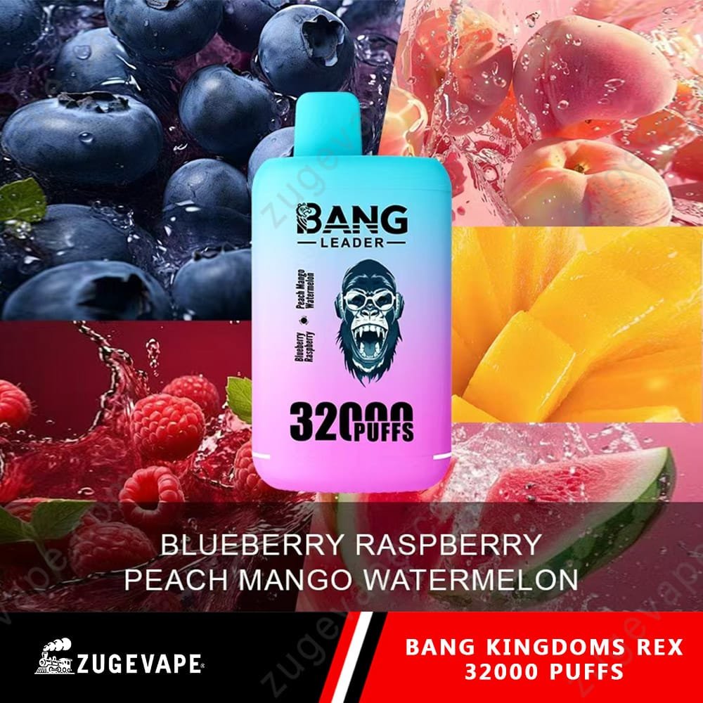 Bang-King-King-32000-Puffs-BLUEBERRY-RASPBERRY-PEACH-MANGO-WATERMELON.jpg Vape device with fruit flavors and 32000 puffs.