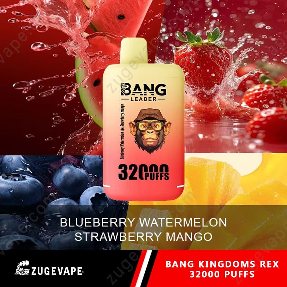 Bang-King-King-32000-Puffs-BLUEBERRY-WATERMELON-STRAWBERRY-MANGO.jpg Vape juice bottle with fruit flavors.