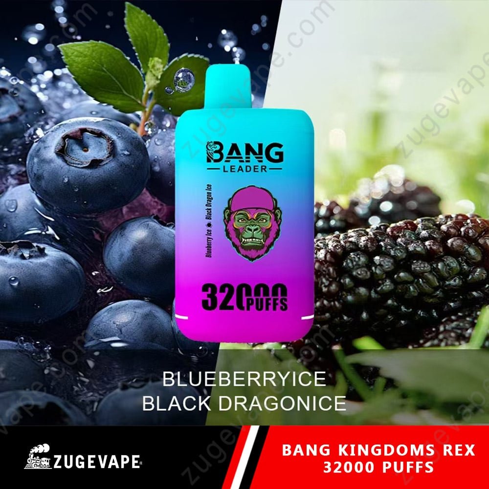 Bang-King-King-32000-Puffs-BLUEBERRYICE-NEGRO-DRAGONICE.jpg Vape juice bottle with blueberry and blackberry flavor.