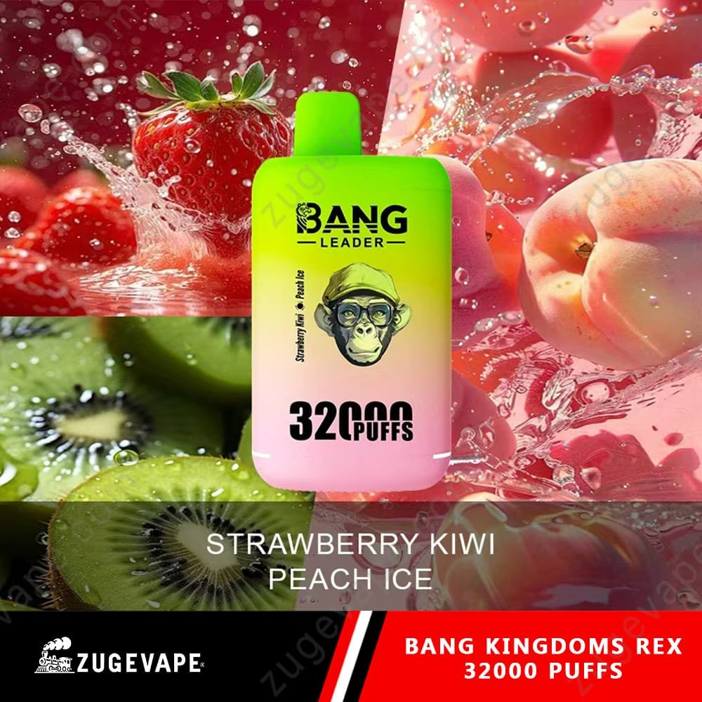 Bang-King-King-32000-Puffs-STRAWBERRY-KIWI-PEACH-ICE.jpg Vape juice with strawberry, kiwi, peach flavors.