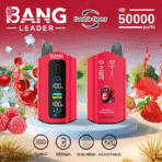 Red vape device with fruit flavors, 50,000 puffs.
